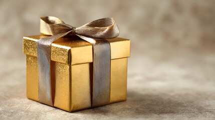 Small golden present wrapped with shimmering ribbon sits on textured surface