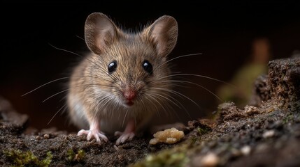 A breathtakingly super realistic close-up nature photograph of a small wild mouse (Mus musculus or similar small rodent) actively investigating its environment. 