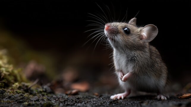 A breathtakingly super realistic close-up nature photograph of a small wild mouse (Mus musculus or similar small rodent) actively investigating its environment. 