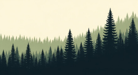 Obraz premium Layered pine forest silhouette illustration with varying shades of green and dark blue, depicting a serene natural landscape and wilderness vista.