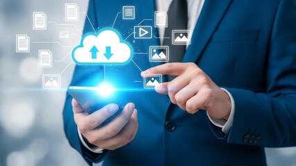 Businessman using smartphone with cloud computing and data transfer concept - Powered by Adobe