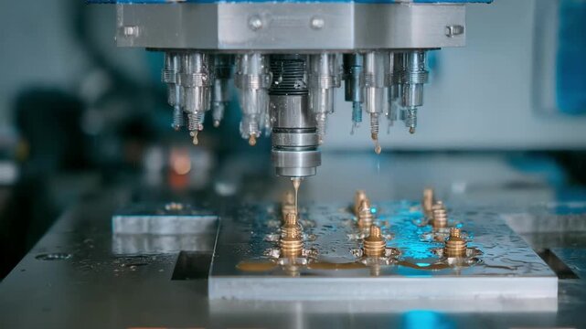 Detailed view of automated equipment performing microplating on small components emphasizing uniform and accurate metal layers.