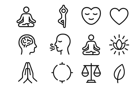 Mind and Body Icons. Mind and body. Line icon set of mind and body: meditating person, yoga pose, calm face, heart, brain, breathing icon, lotus pose, light