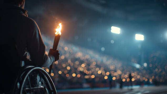 Paralympics opening ceremony with an athlete in a wheelchair holding a flaming torch, inspiring hope and determination