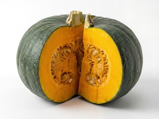Cut Pumpkin with Exposed Seeds on White Background