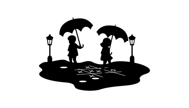 Children playing tic tac toe in the rain vector illustration