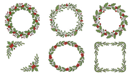 Set of six festive Christmas wreath and corner adornment illustrations with red berries and green leaves, perfect for holiday designs