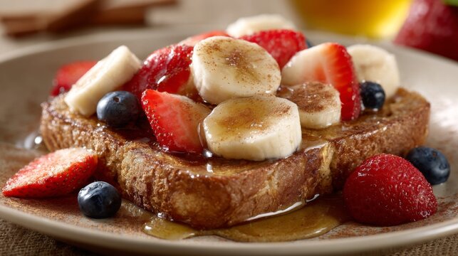 Delicious French Toast Topped with Fresh Strawberries, Sliced Bananas, Blueberries, and Drizzled with Maple Syrup on a Rustic Table Setting