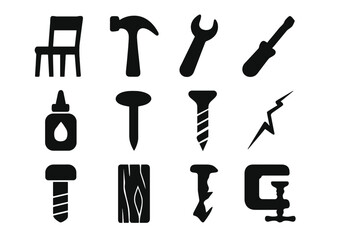 Obraz premium Furniture Repair Icons. Furniture Repair. Solid icon set of Furniture Repair: chair, hammer, wrench, screwdriver, glue, nail, screw, splinter, crack, bolt,
