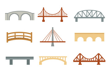 Different bridge types set: arch, suspension, truss, beam, and cable stayed structures
