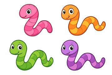 Four cute cartoon earthworms in bright colors isolated on white background