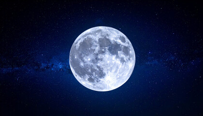 Full Moon Shining Brightly Against a Starry Night Sky with Milky Way Band Keywords: moon, full moon, night, sky