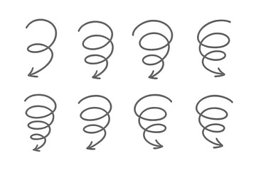 Eight hand drawn spiral arrows pointing down in a set of graphic elements