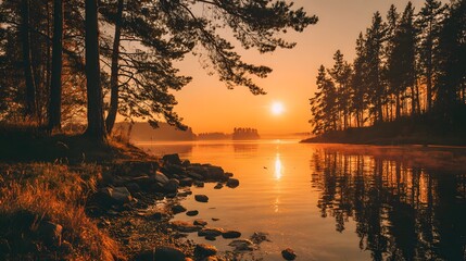Serene natural landscape displays the sun setting over still water bordered by dense forest