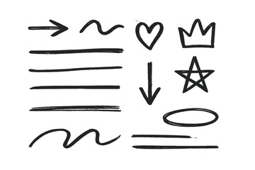 Hand drawn doodle elements set with arrows lines heart crown star and underline strokes