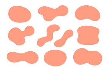 Nine abstract organic liquid blob shapes in a trendy coral color palette isolated on white