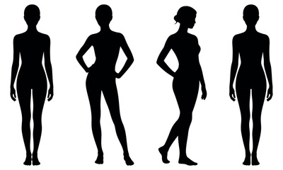 female body standing silhouette set, stylized female body silhouette set showing multiple standing poses, suitable for fashion themes, anatomy reference, wellness concepts, posters, and modern