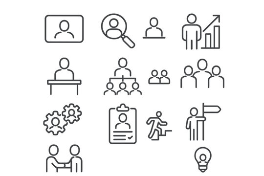 Minimal outline symbols for human resources, business management, and teamwork concepts