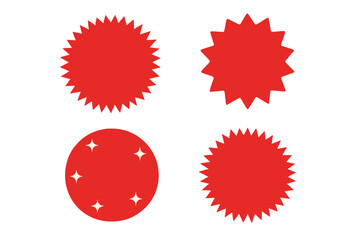 Set of four red geometric sunburst shapes and a circular badge with white sparkle accents