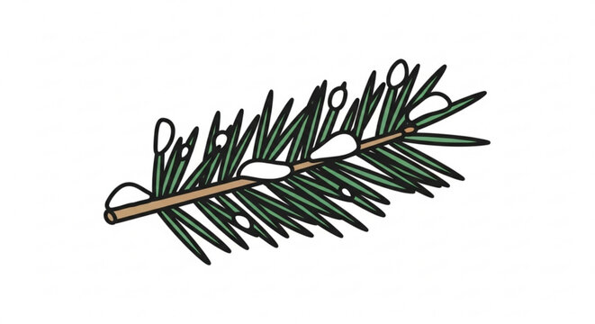 Green evergreen branch with snow isolated, cartoon style illustration, winter season, christmas holiday decoration, festive graphic design element