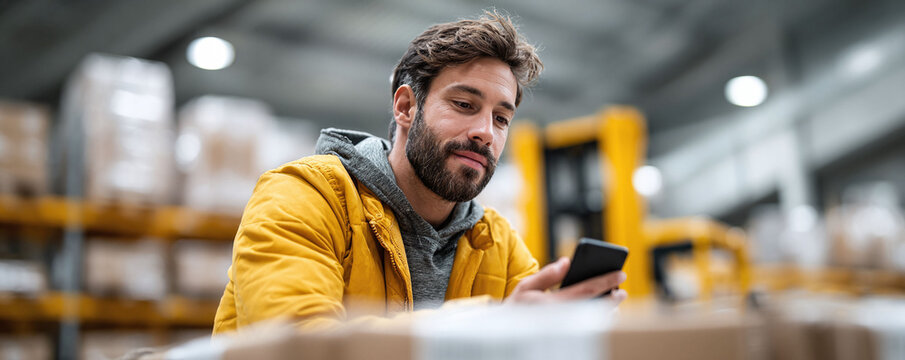 Focused worker using a mobile phone in a modern warehouse surrounded by boxes and equipment. Illustrates technology, efficiency, and contemporary logistics.