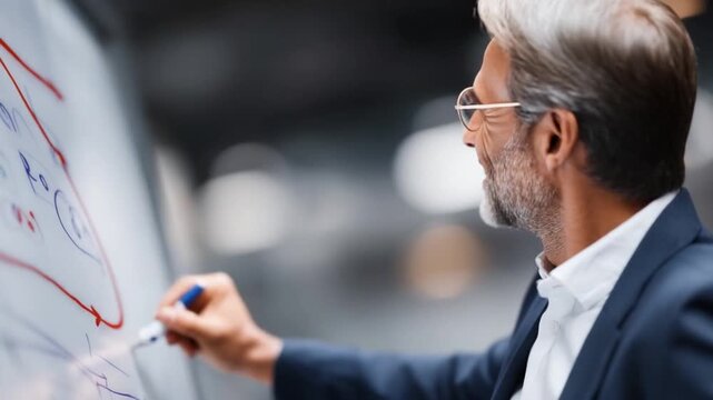 Brainstorming on the Board: A distinguished professional concentrates intensely as he formulates and refines his ideas, writing them down on a white board. The scene conveys intelligence, strategy.