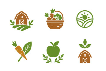 Minimalist organic farm and agriculture symbols including barn, basket, and fresh produce