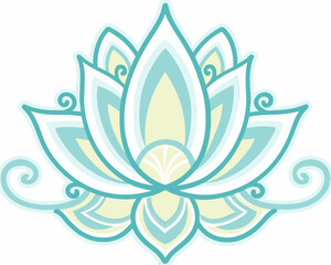 Stylized lotus flower illustration in soft teal and yellow hues