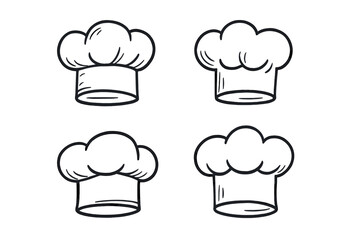 Four hand-drawn doodle style chef hats or toques for cooking and restaurant