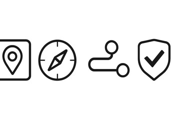 Essential navigation, security, and location symbols: map pin, compass, route, and shield set