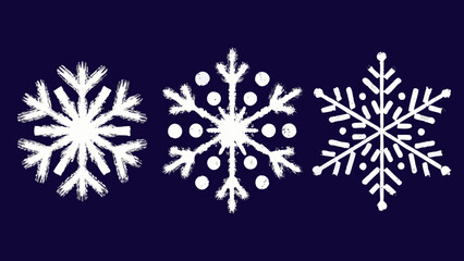 Three white snowflakes on a dark blue background