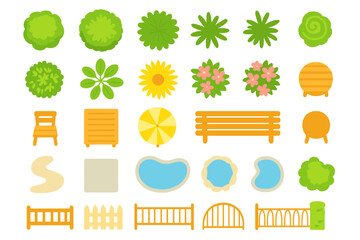 Assortment of outdoor furniture, plants, and water features for architectural floor plans © icon_art