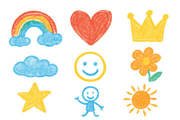 Colorful childlike crayon drawing icons set including rainbow, heart, crown, star, sun, and happy face