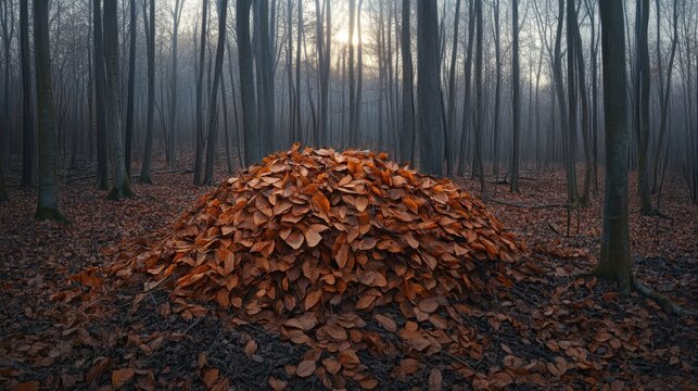 A large mound of desiccated brown autumn leaves forms a brittle pile on the forest floor surrounded by bare trees in muted sunlight and fog