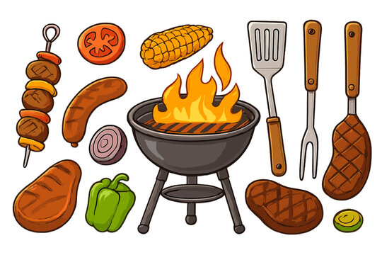 Collection of classic barbecue food items and grilling tools including steaks, sausage, corn, and a charcoal grill with fire