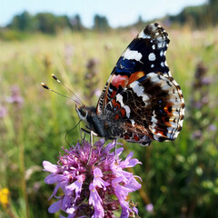 Close up of a striking red admiral butterfly with intricate wing patterns perched on a vibrant purple wildflower in a sunlit meadow during a warm summer day
