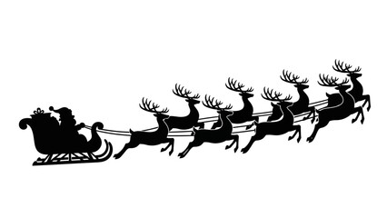Silhouette of Santa Claus and his reindeer flying across the night sky with a sleigh full of gifts