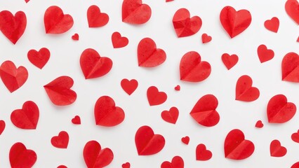 Red paper hearts scattered on a white background, symbolizing love and affection. Romantic or Valentine's Day theme. The concept of love, romance, and emotion.