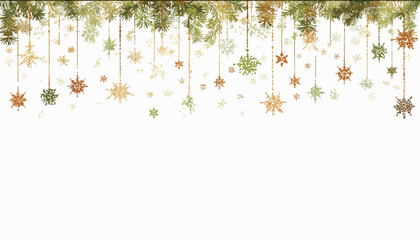Wektorowa, wisząca dekoracja świąteczna z płatkami śniegu i gałązkami jodły w stonowanych kolorach na białym tle.
