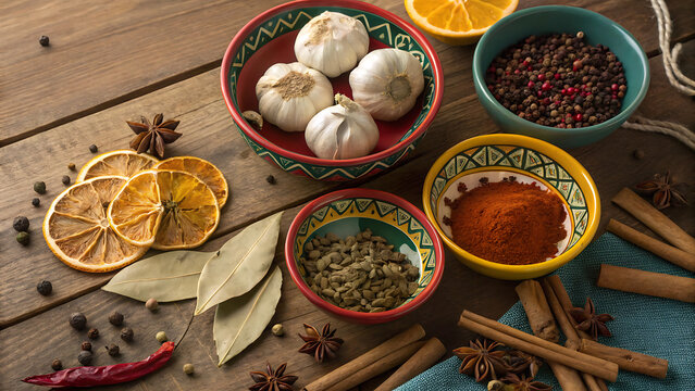 Aromatic spices and seasonings arranged on a wooden table, including garlic, dried oranges, cinnamon, and star anise - Powered by Adobe