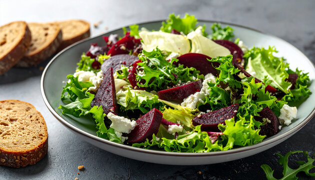 Healthy Beet and Feta Salad with Mixed Greens and Sliced Bread beet salad feta cheese