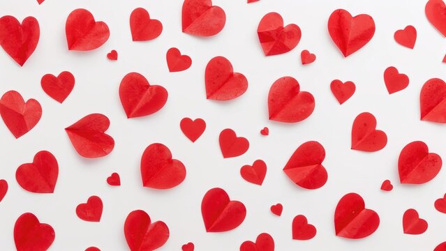 Red paper hearts scattered on a white background, symbolizing love and affection. Romantic or Valentine's Day theme. The concept of love, romance, and emotion.