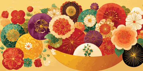 Wektorowa ilustracja w stylu japońskim z bogactwem kolorowych kwiat&oacute;w i liści na ż&oacute;łtym tle.