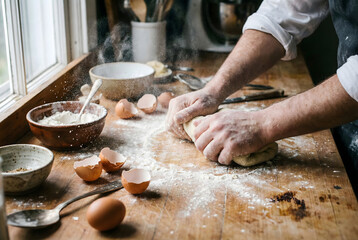 Close-up of Baker Hands Kneading Dough on a Rustic Wooden Table. Homemade Baking Process.