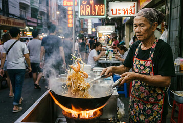 Thai Chef Stir-Frying Pad Thai Noodles on a Flaming Wok at a Busy Street Food Stall.