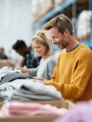 Diverse team sorting donations in a warehouse. Engaged workers organizing clothing. Could symbolize charity, community, volunteerism, or ethical business practices.