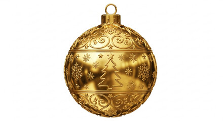 Golden christmas tree ornament with intricate festive patterns including snowflakes and a christmas tree, isolated on white background for holiday designs.