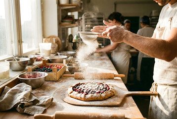 Baker Sifting Powdered Sugar onto Berry Galette. Artisanal Bakery Kitchen Process.