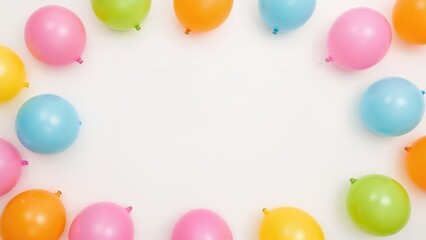 Colorful balloons arranged in a circle with a blank white center, celebrating a festive or joyful occasion.