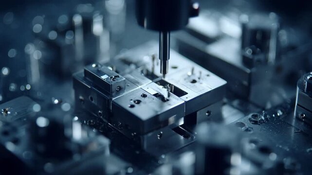 Medium shot capturing error reduction in stamping automation with a robotic system inspecting parts and adjusting operations for quality control.